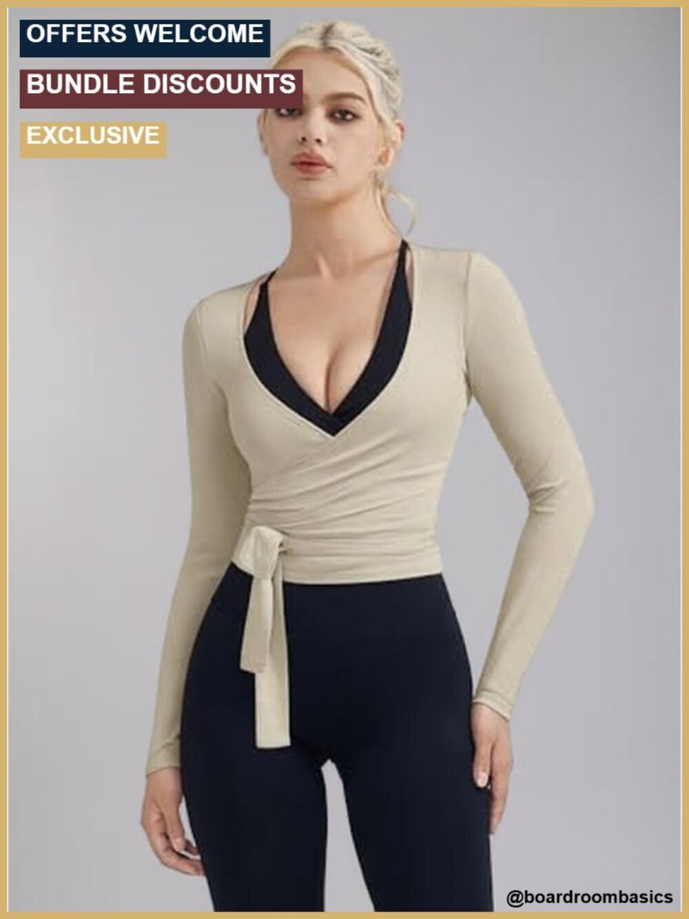 Women's Cropped Long Sleeve V-Neck Tie Front Yoga Shrug Blouse